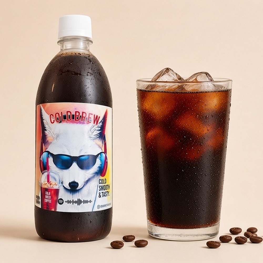 Botella de Cold Brew de Market Urbano junto a un vaso de cold brew con hielo