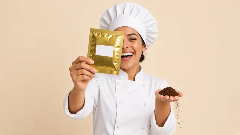 Chef mostrando un sobre de café de 2.7 oz y café molido